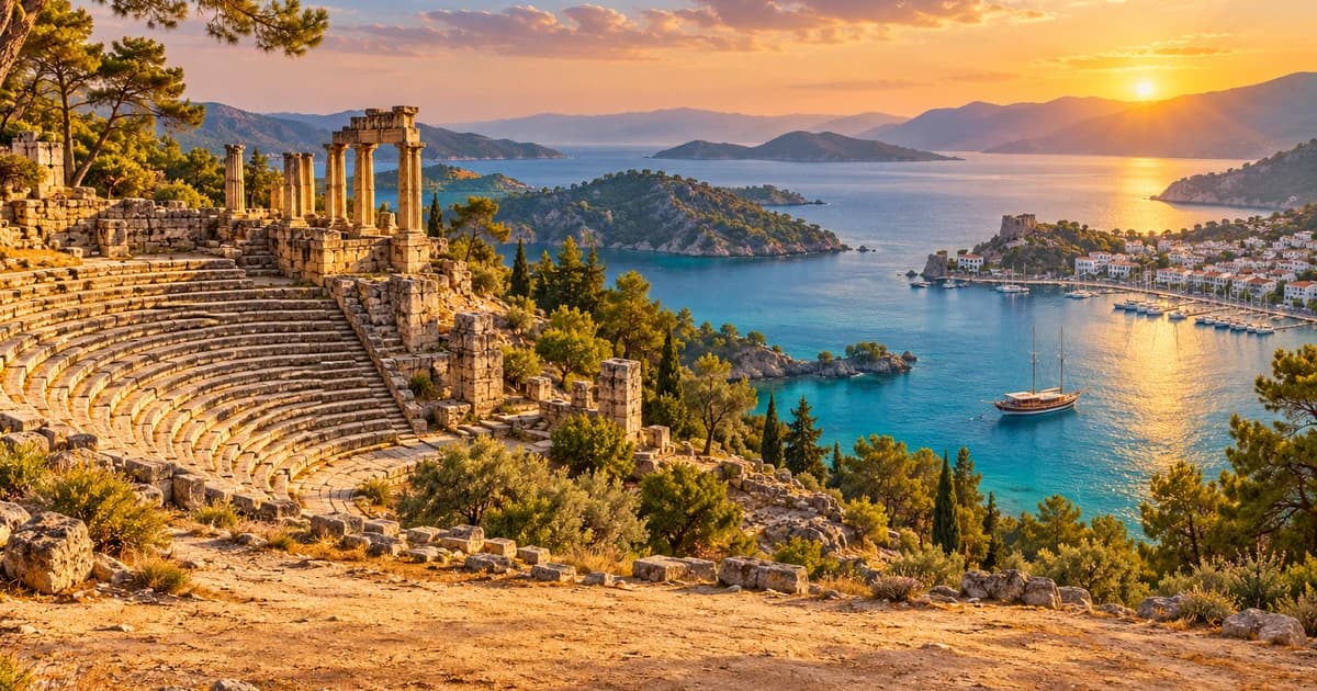 Illustration of ancient stone ruins above a turquoise Mediterranean bay in Turkey