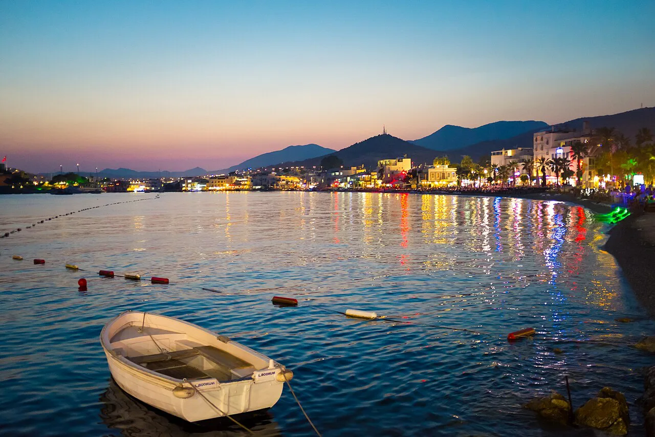 Bodrum's waterfront lights at dusk.