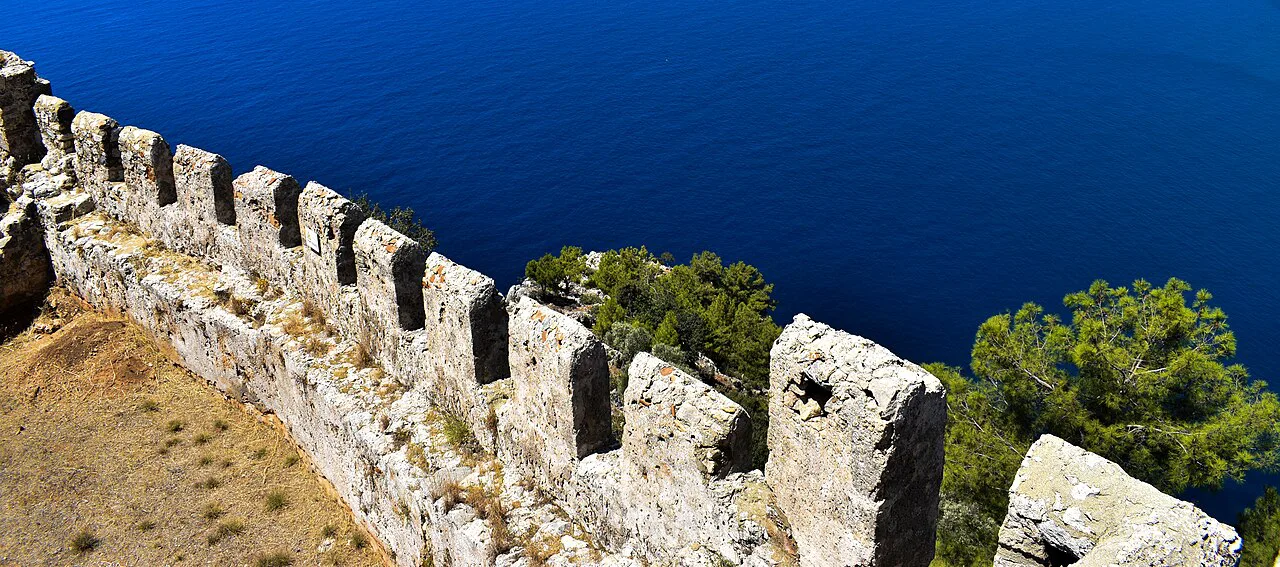 Crenellated walls of the citadel at Alanya Castle.
