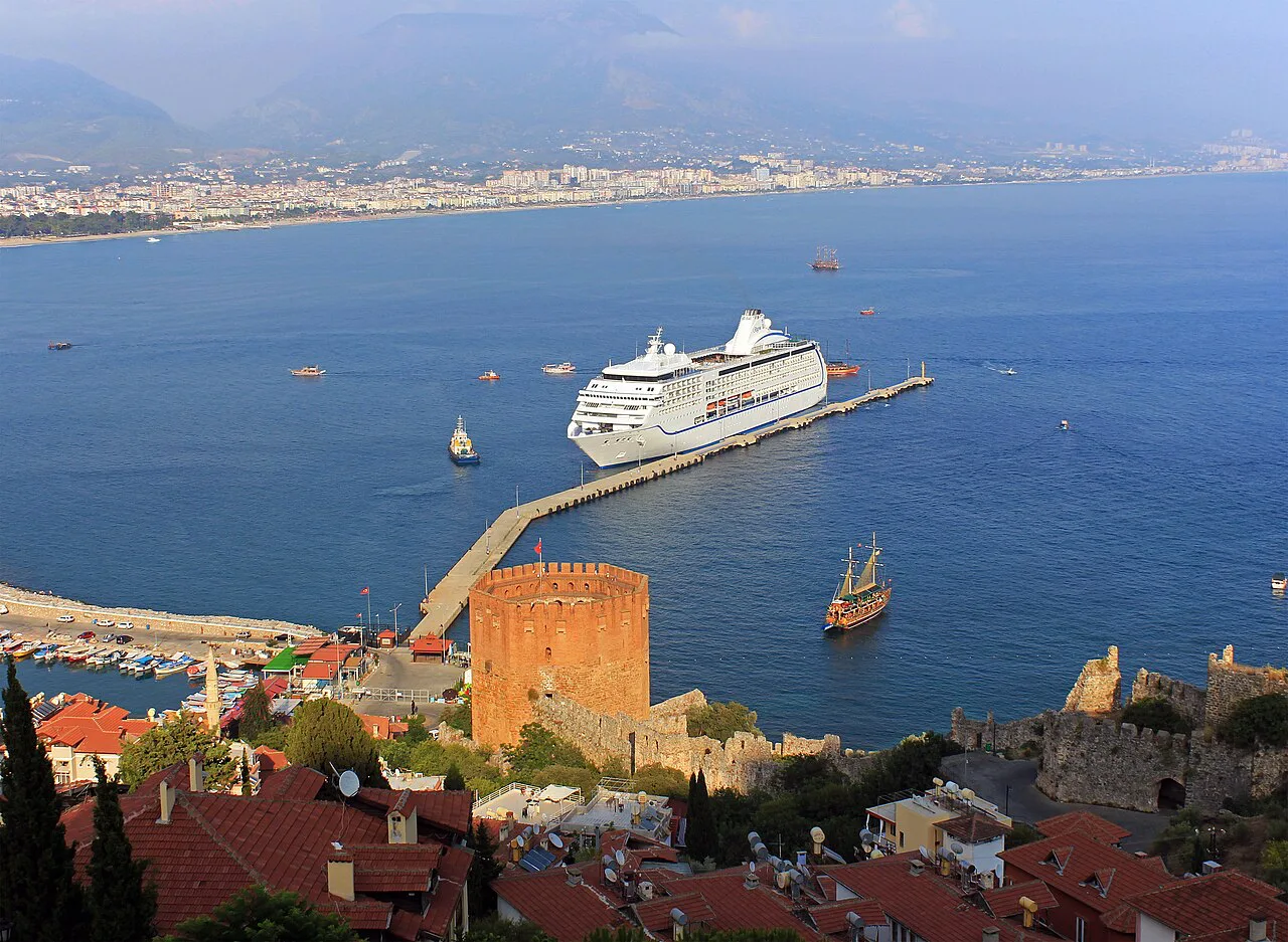 Alanya's Red Tower (Kızıl Kule) and harbour seen from above.