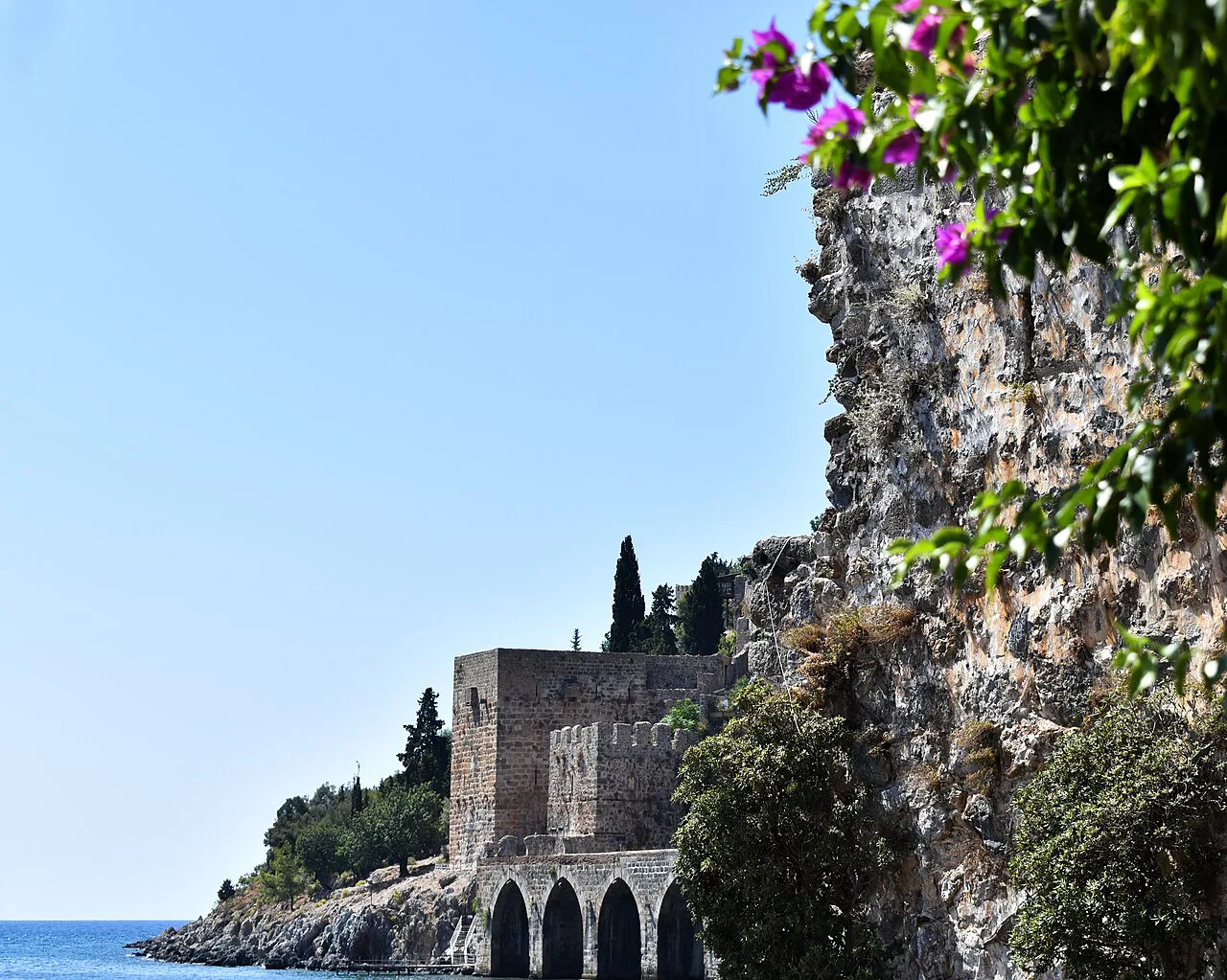 The Seljuk shipyard (Tersane) at the foot of Alanya's castle cliffs.