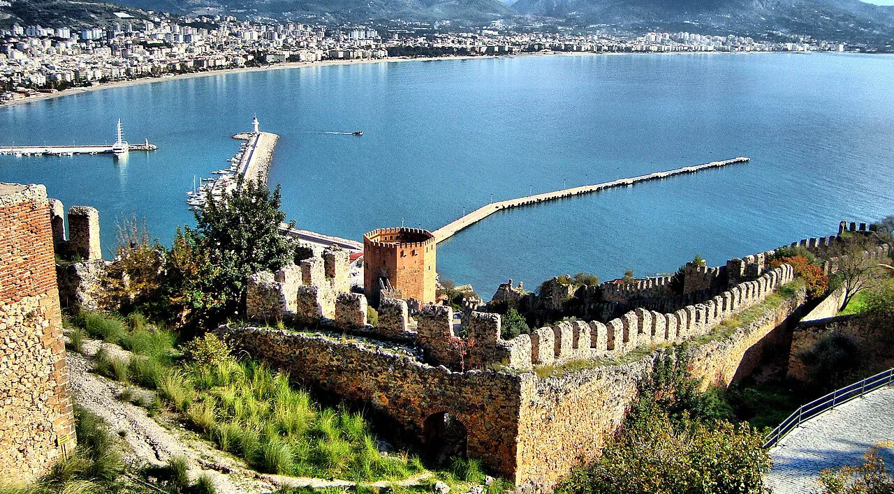 Alanya harbour and the Red Tower seen from Alanya Castle.