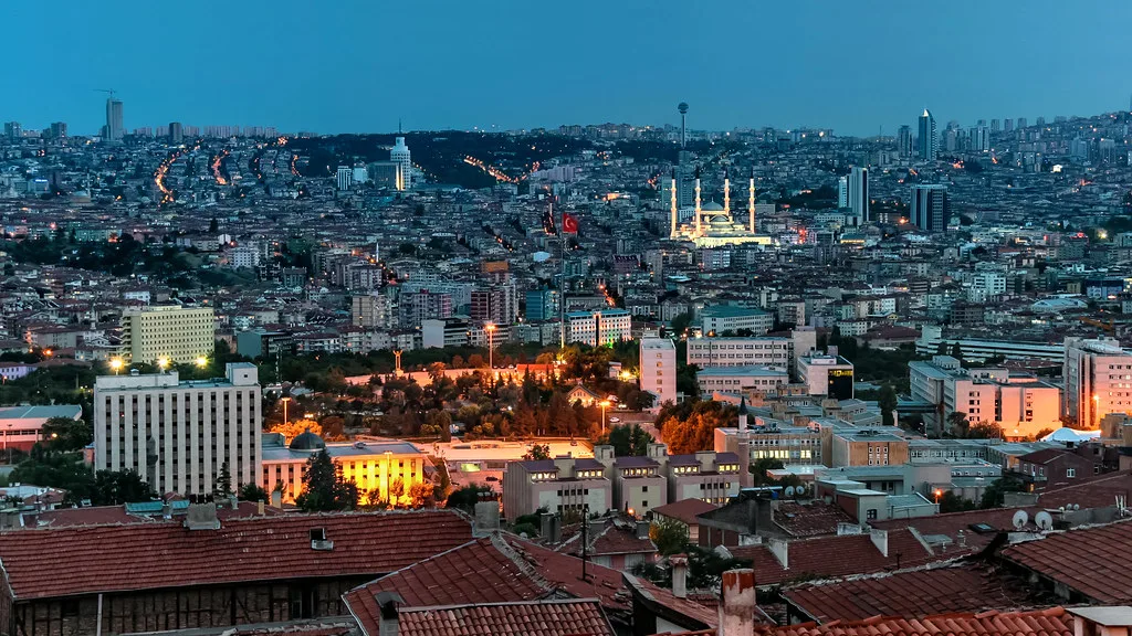 The Ankara cityscape at dusk with a large mosque on the skyline.