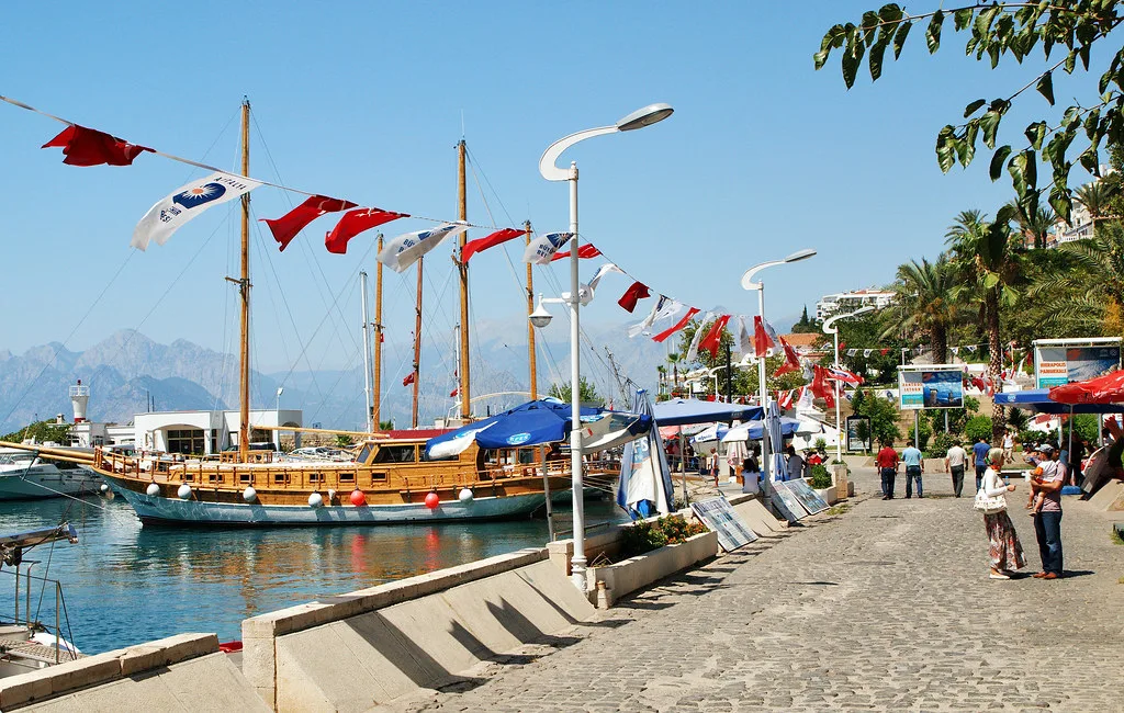 Gulets moored along the quay in Antalya's old harbour.