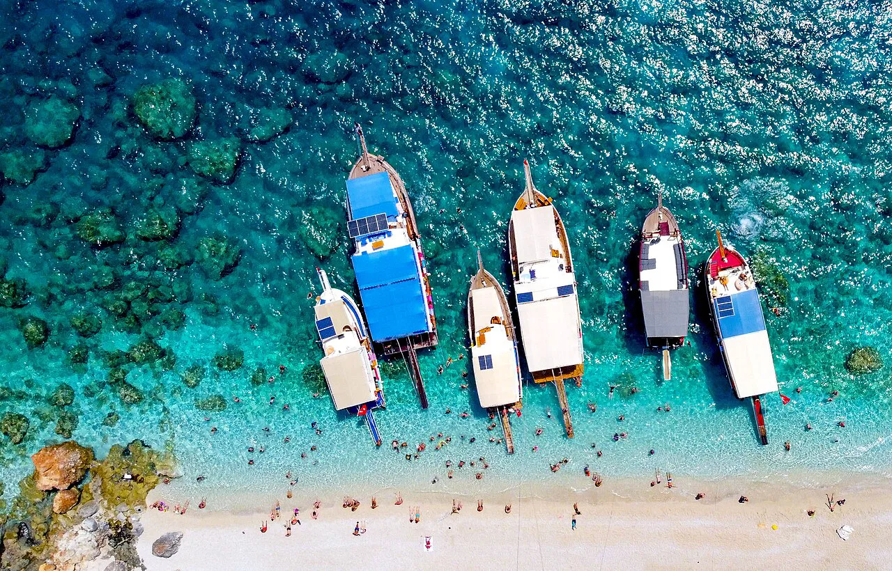 Boats moored off the beach at Suluada near Adrasan.