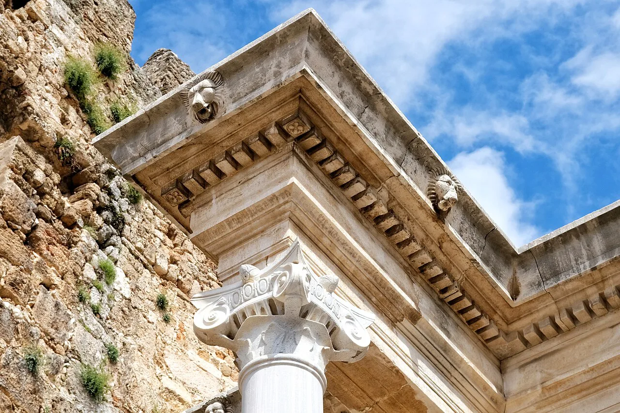 Carved marble detail on Hadrian's Gate in Antalya.