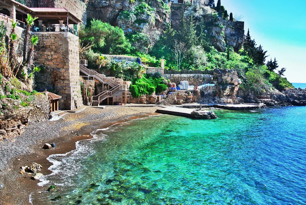 A small pebble beach below the cliffs in Antalya.