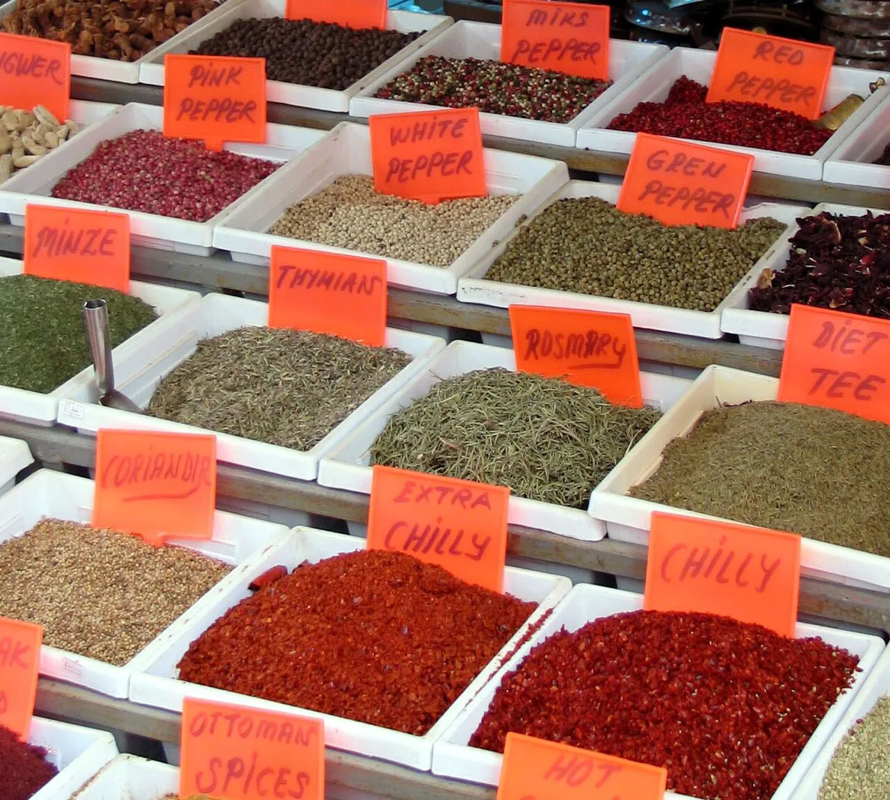 Spices for sale at a market stall in Antalya.
