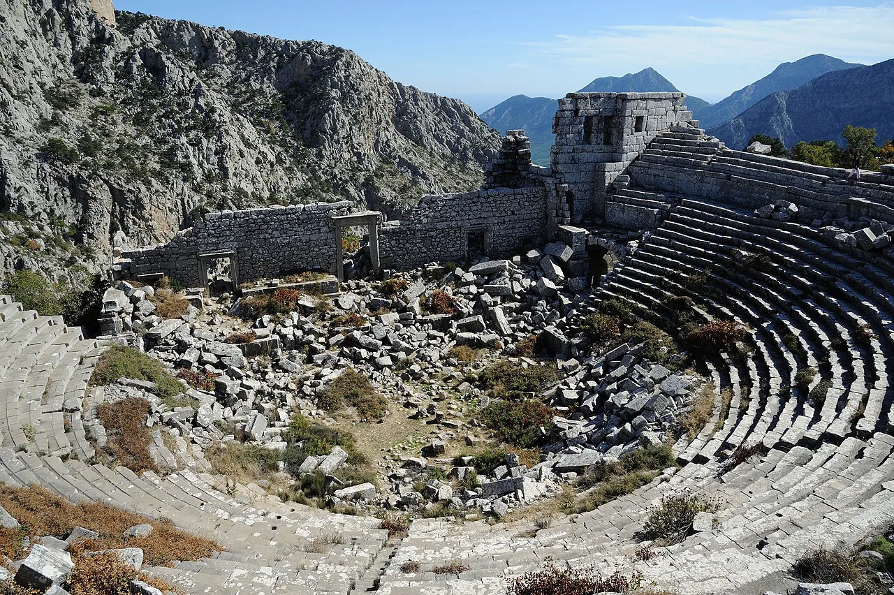 Seating of the theatre at Termessos with the mountains of Güllük Dağı National Park beyond.