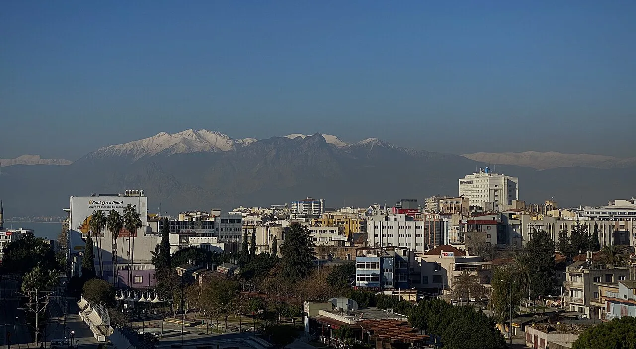 Antalya's skyline with the snow-capped Taurus Mountains behind.