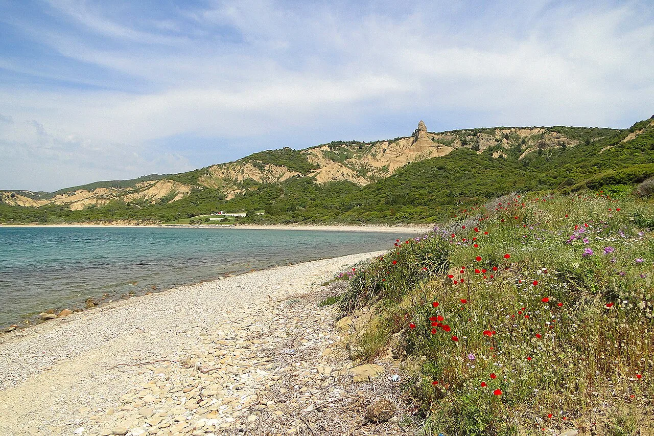 The pebble beach at Anzac Cove on the Gallipoli Peninsula.