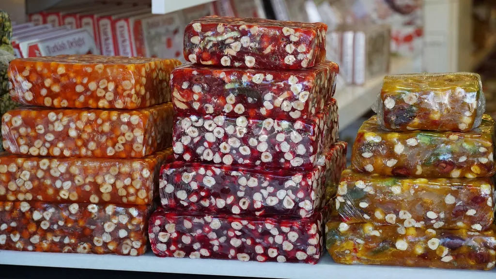 Blocks of Turkish delight stacked for sale at a shop near Belek.
