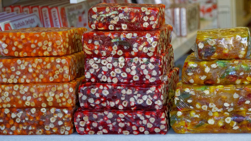 Boxes of Turkish delight stacked for sale in Belek.