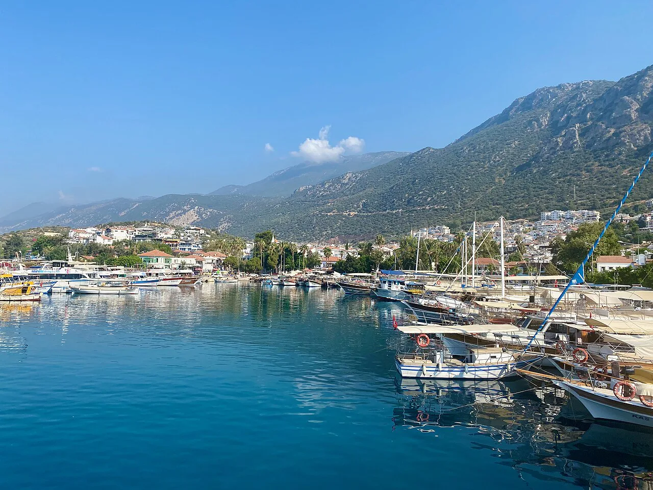 Kaş harbour and the town on the hillside behind it.