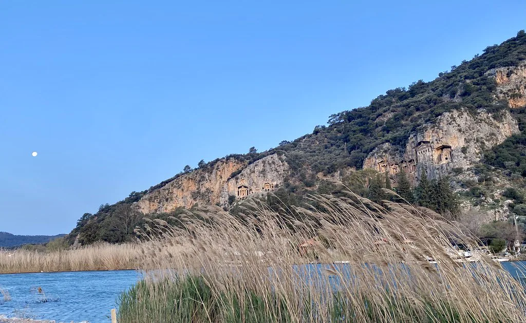 The Kaunos rock-cut tombs above the reed beds of the Dalyan river.