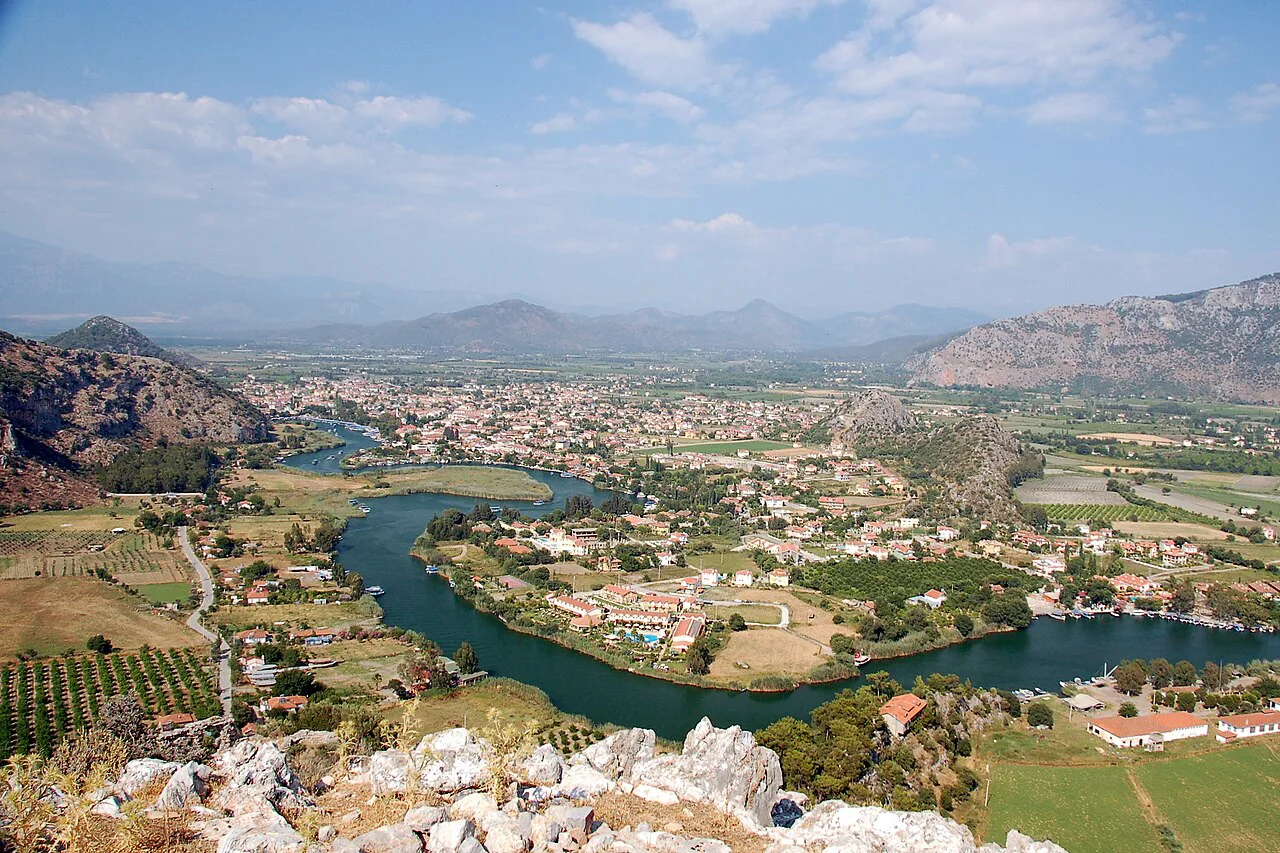 Dalyan and the winding Dalyan River seen from the hills above the town.