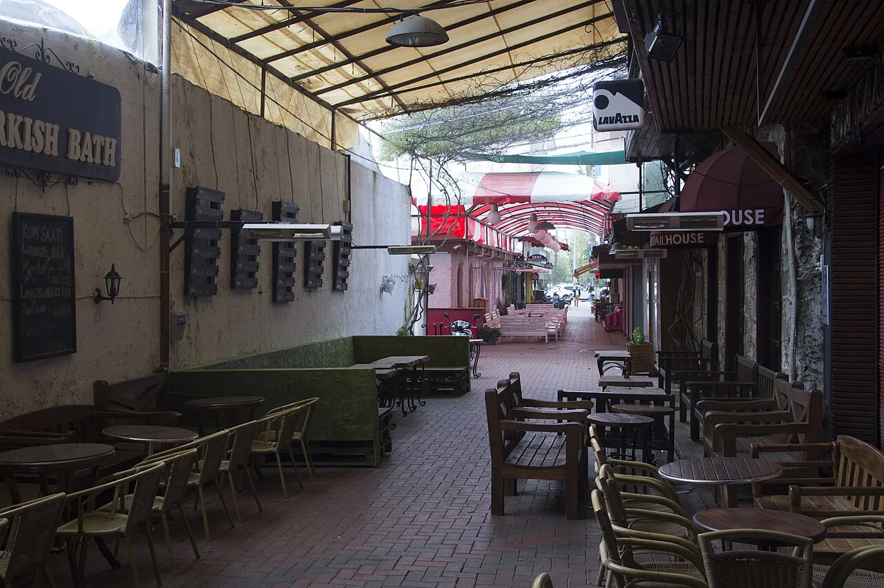 Restaurant seating along a covered street in Fethiye.