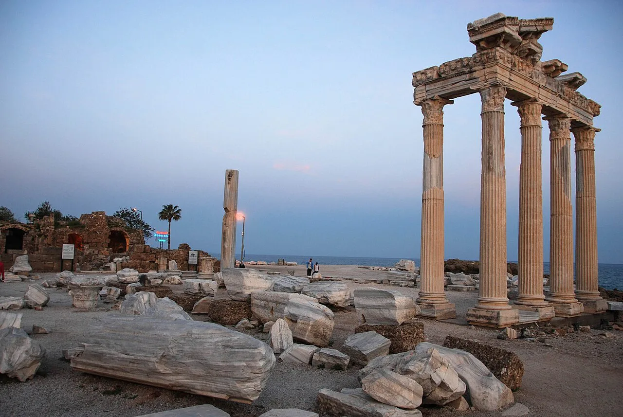 The Temple of Apollo columns at sunset in Side.