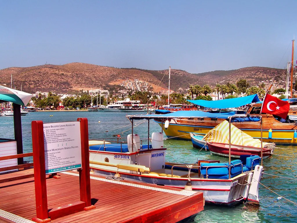 Colourful boats moored in Bodrum harbour.