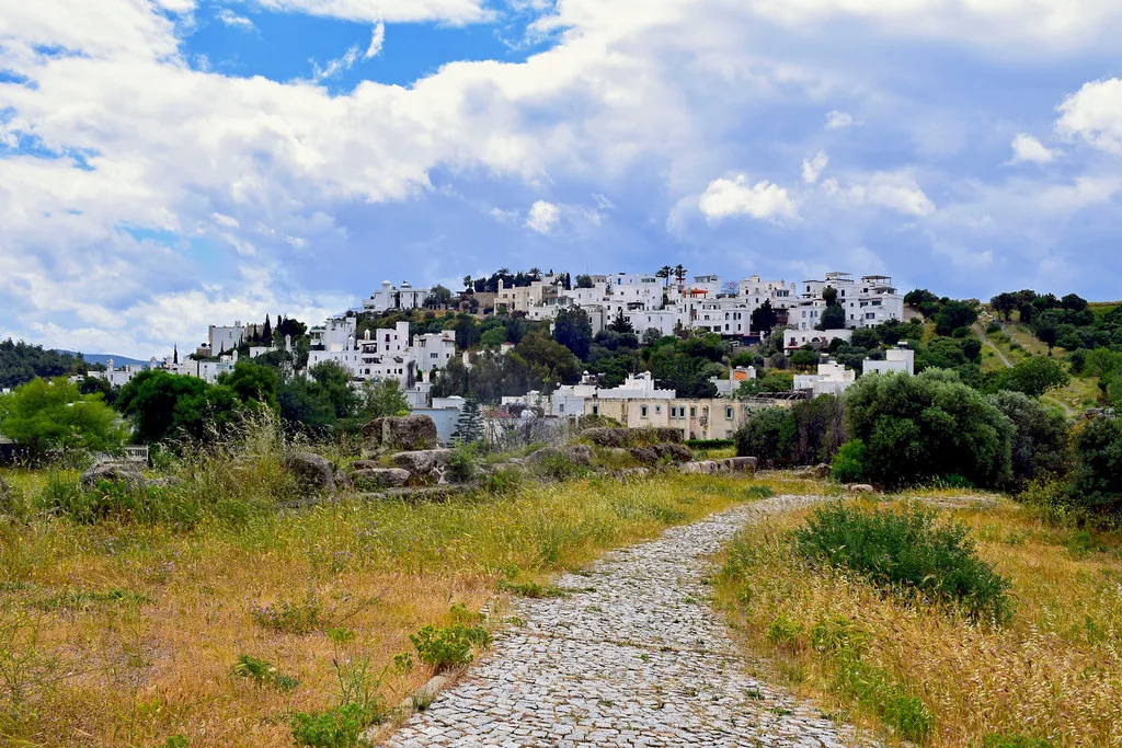 A footpath leading towards a hillside of whitewashed houses on the Bodrum peninsula.