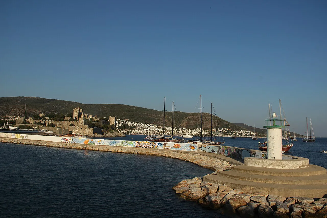 Bodrum Castle and the harbour breakwater with its lighthouse.