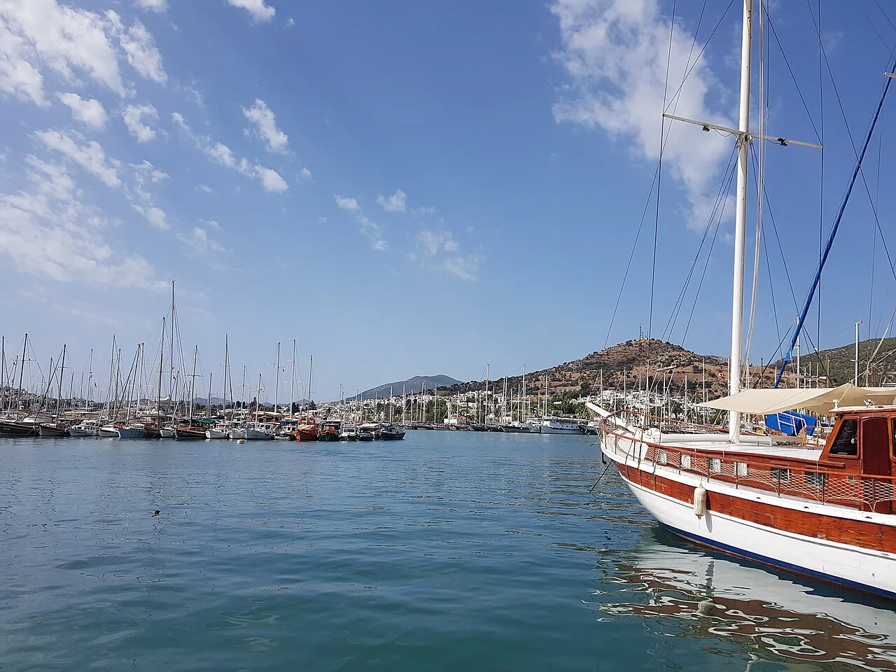 A gulet moored in Bodrum marina.