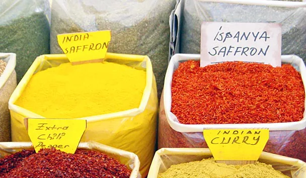 Saffron, curry and other spices at a Turkish market stall.