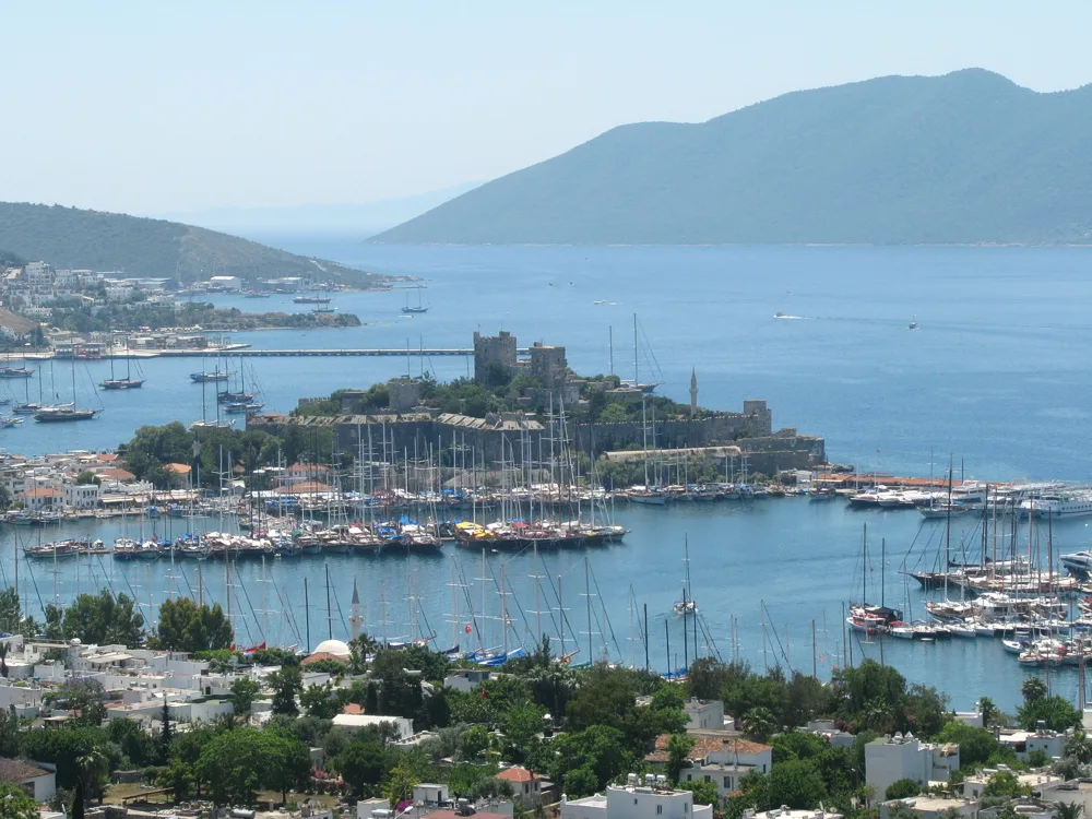 Bodrum Castle and the marina seen from the ancient theatre.