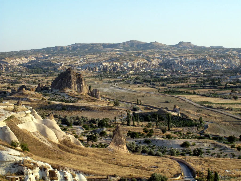 Valleys and eroded rock formations in Cappadocia.