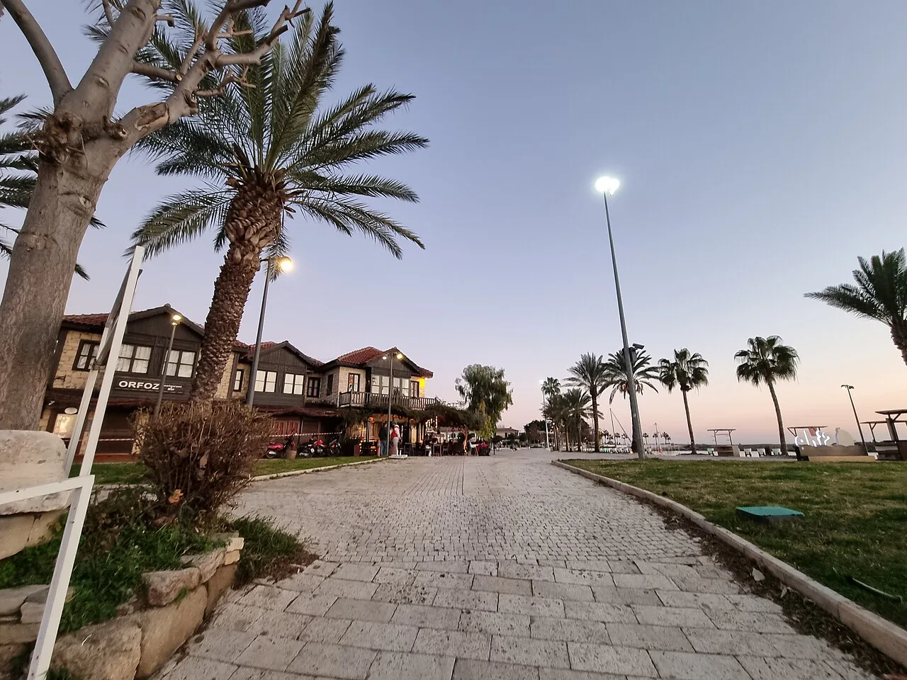 A palm-lined seafront path at dusk in the Side area.