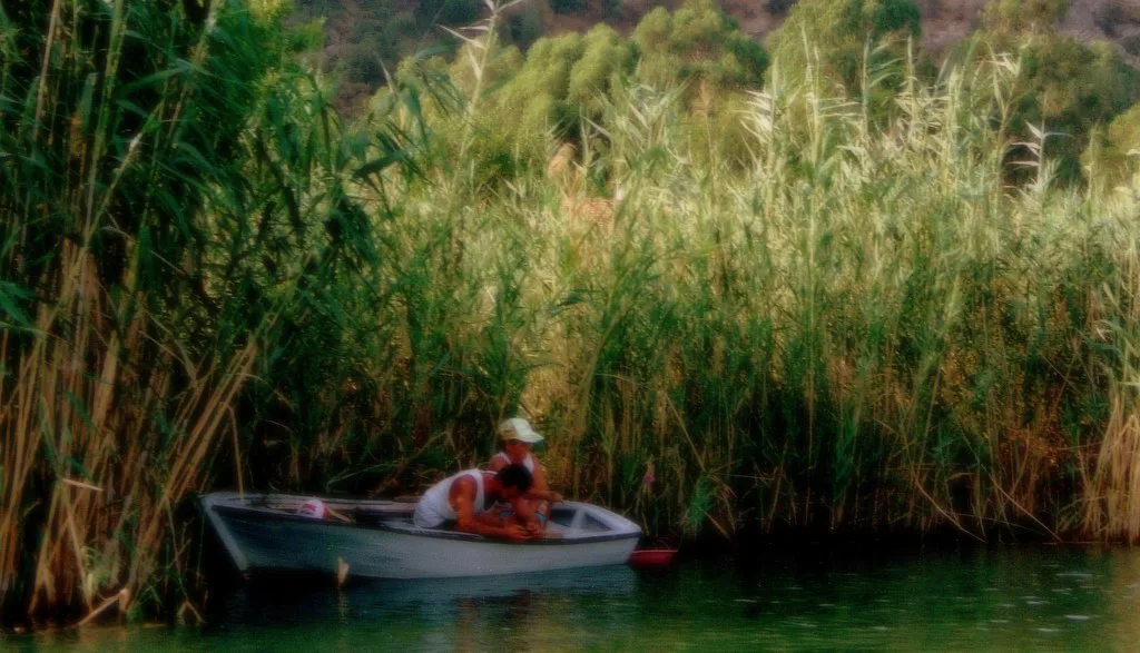 A small boat among the reeds on the river near Dalyan.
