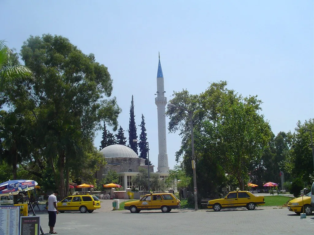 Yellow taxis lined up at the rank near the mosque in Dalyan.