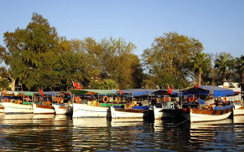 Riverboats moored along the waterfront at Dalyan.