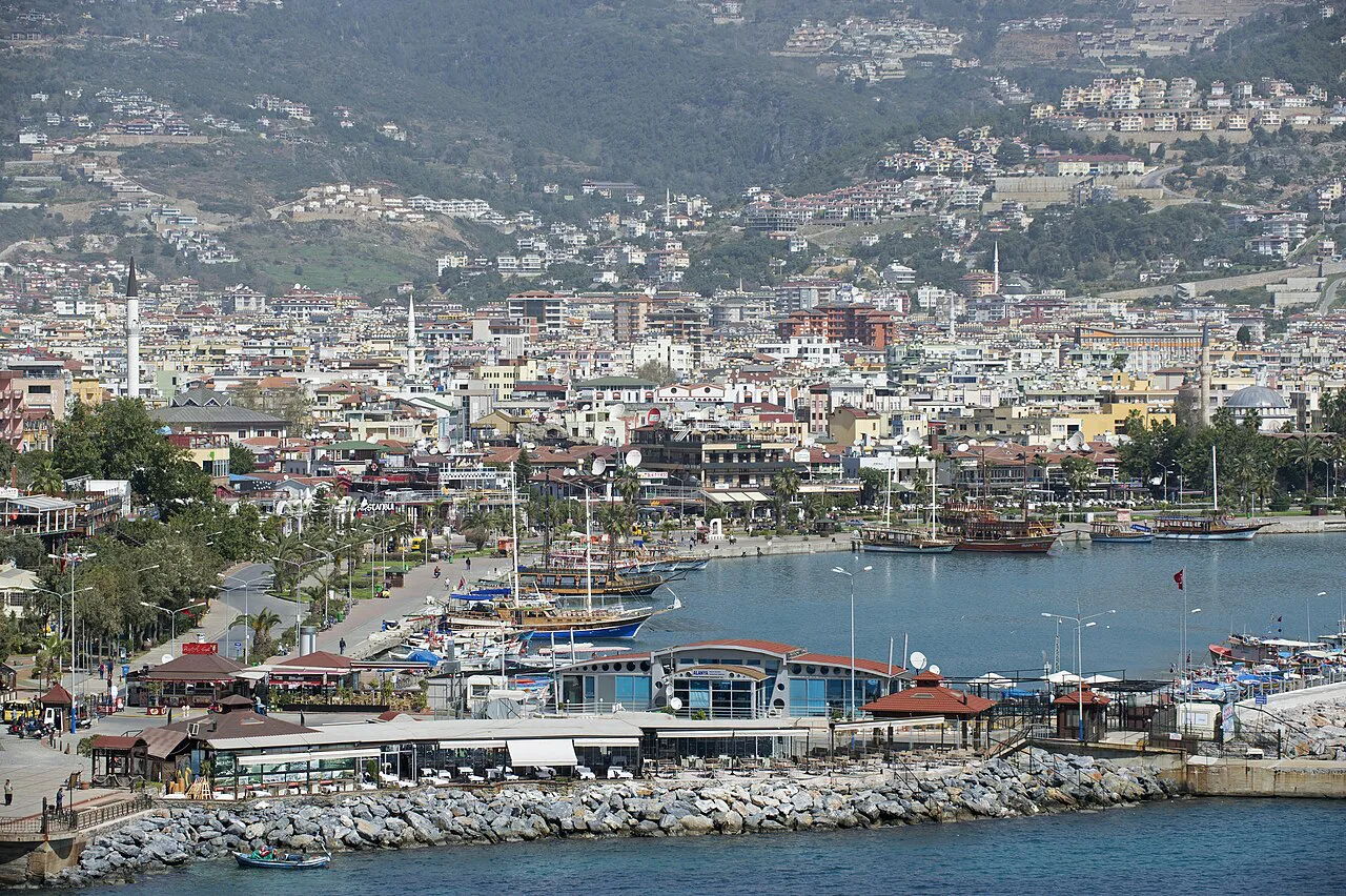 Alanya harbour and the town spreading up the hillside.