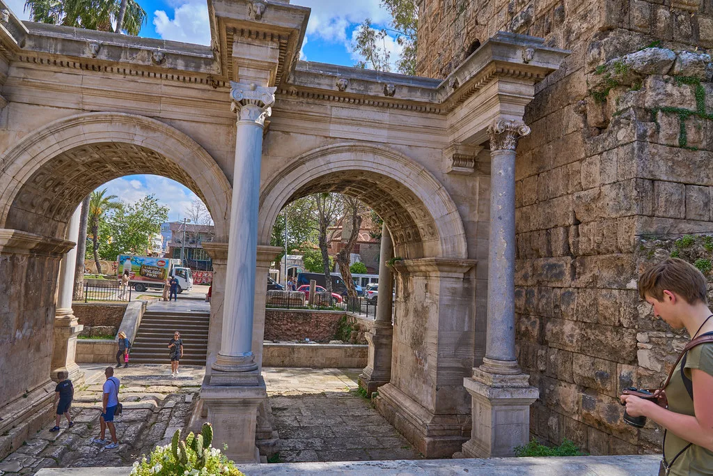 Looking through the arches of Hadrian's Gate in Antalya.