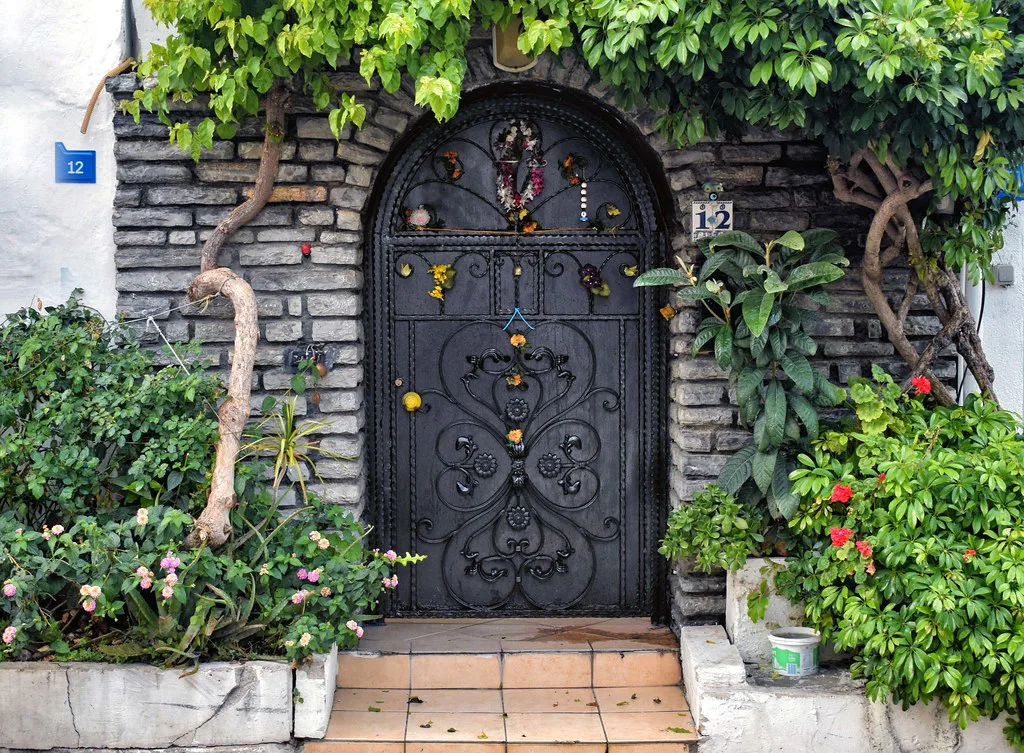 A carved wooden door framed by plants on a house in Bodrum.