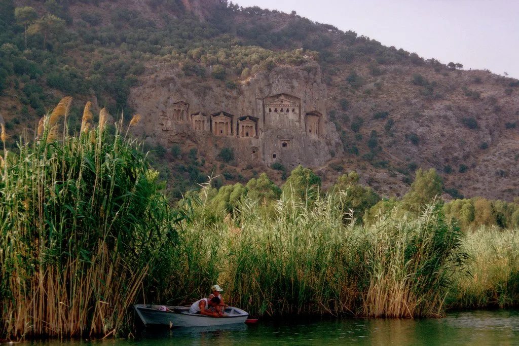 Rock-cut tombs above the reeds of the river near Dalyan.