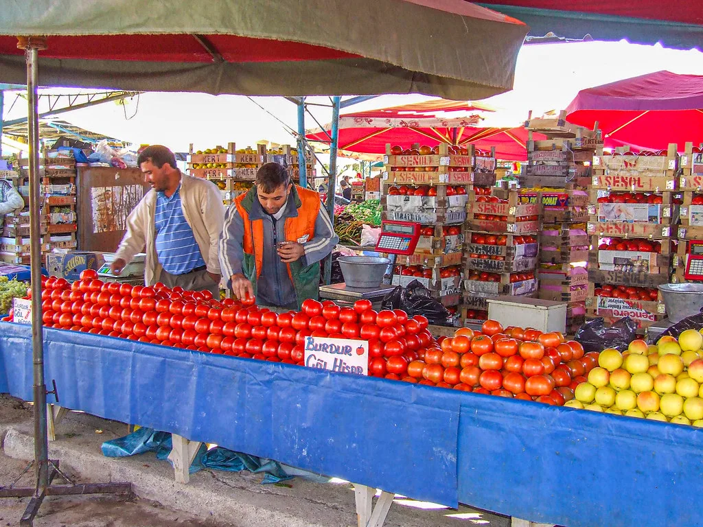 Fruit and vegetable stalls at the market in Altınkum, Didim.