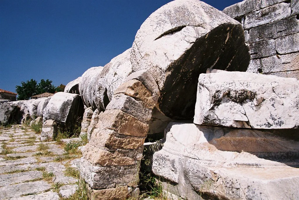 Fallen marble blocks at the Temple of Apollo at Didyma in Didim.