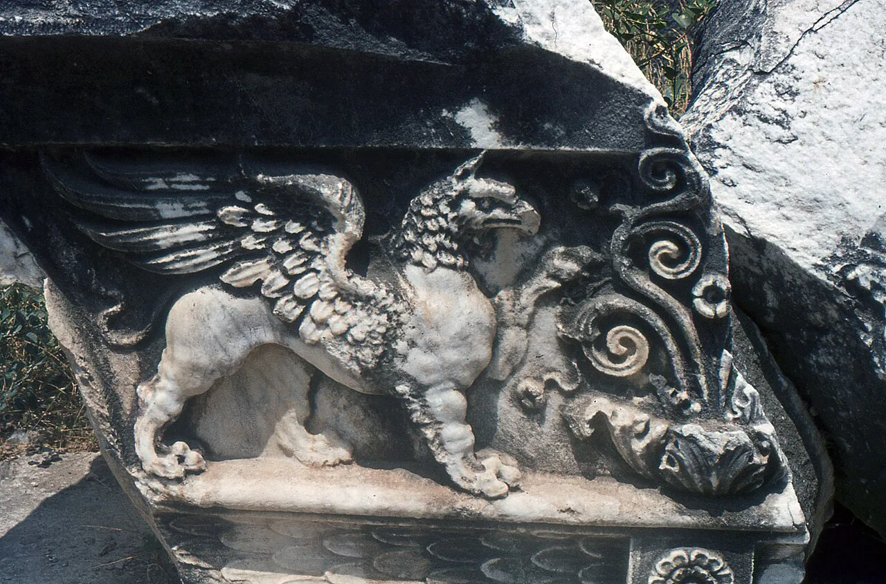 A carved griffin relief at the Temple of Apollo, Didyma.