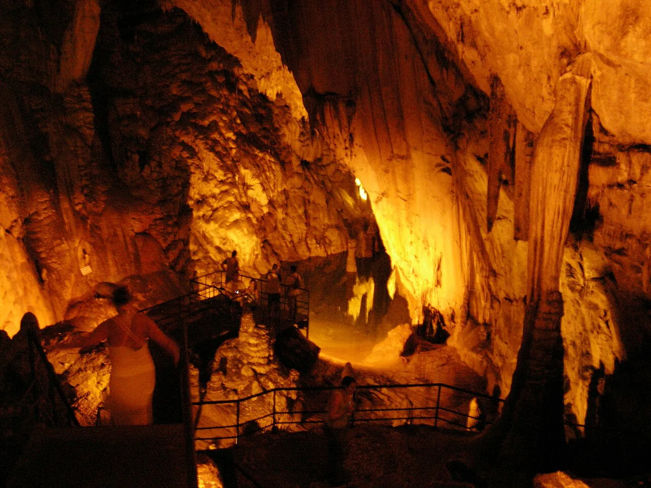 Illuminated stalactites and a walkway inside Dim Cave near Alanya.