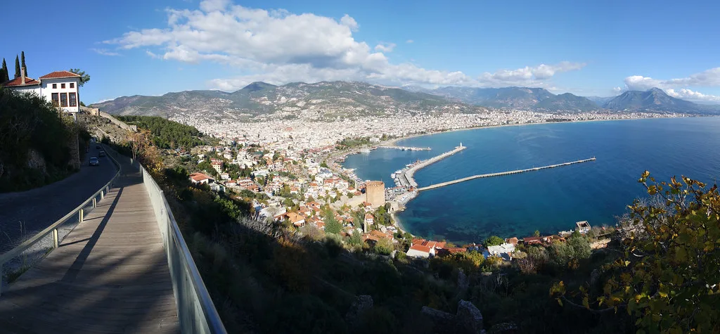 Alanya and its bay seen from the road up the castle peninsula.
