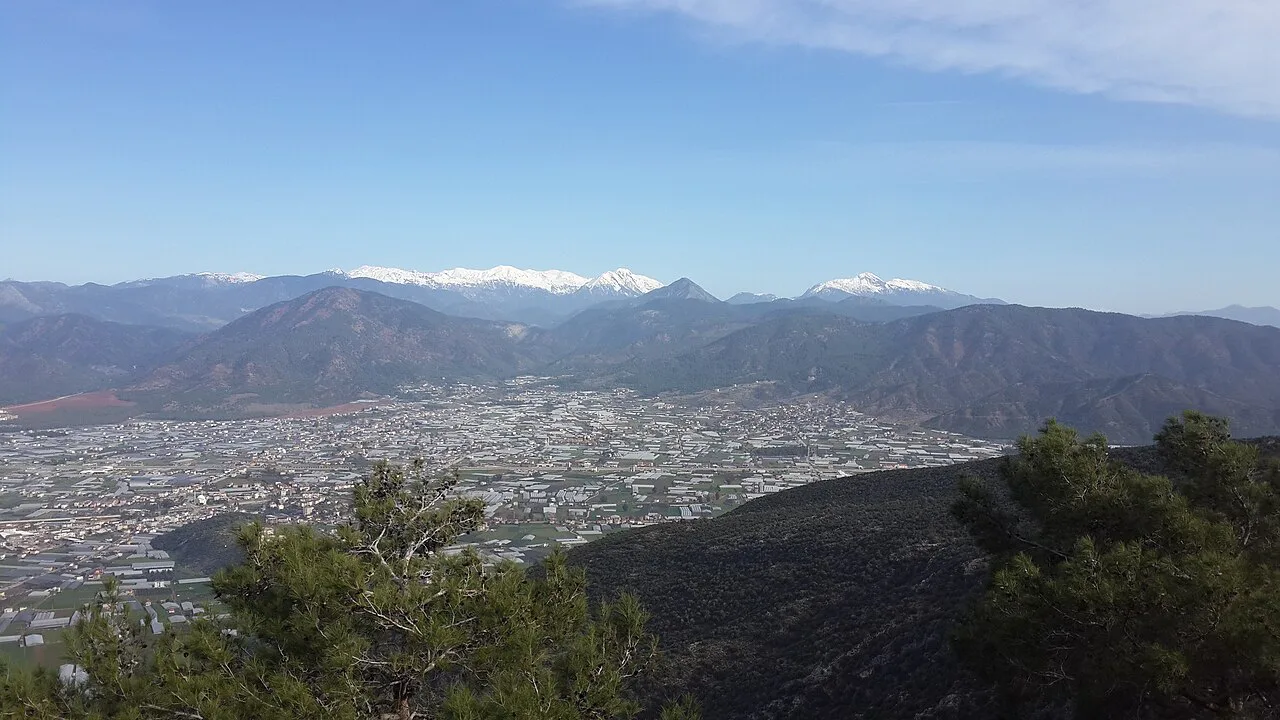Fethiye and the surrounding mountains seen from above Esenköy.