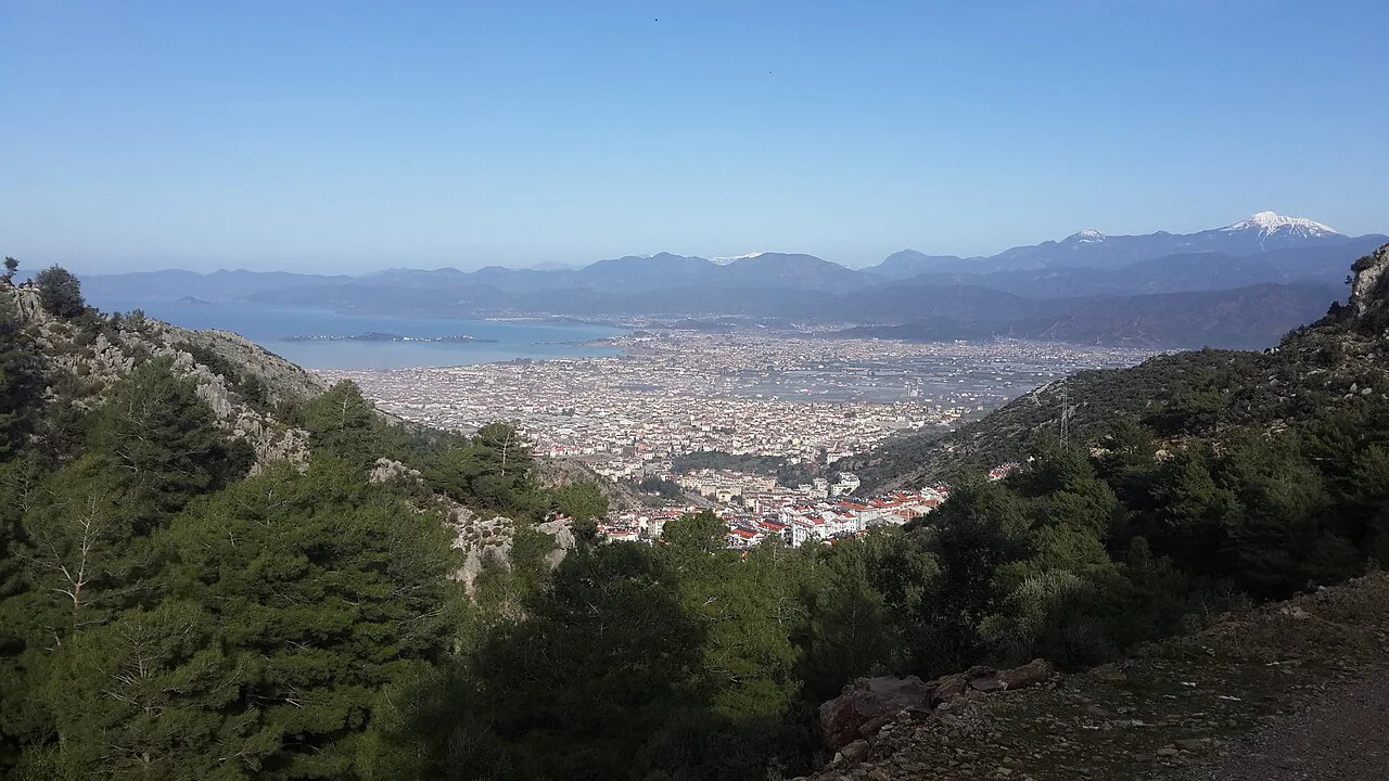Fethiye and its bay seen from the wooded hills above Ölüdeniz.