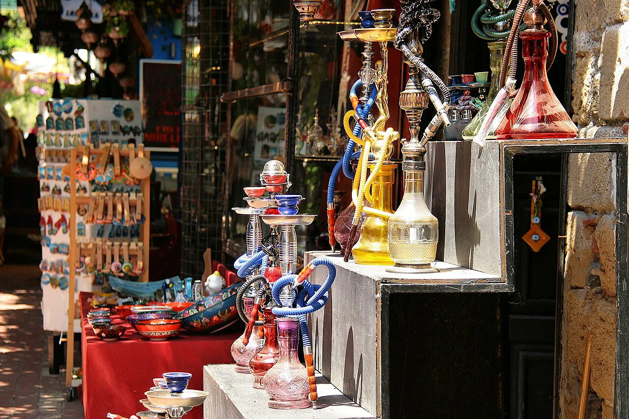 Hookahs and souvenirs outside a shop in Paspatur bazaar, Fethiye.