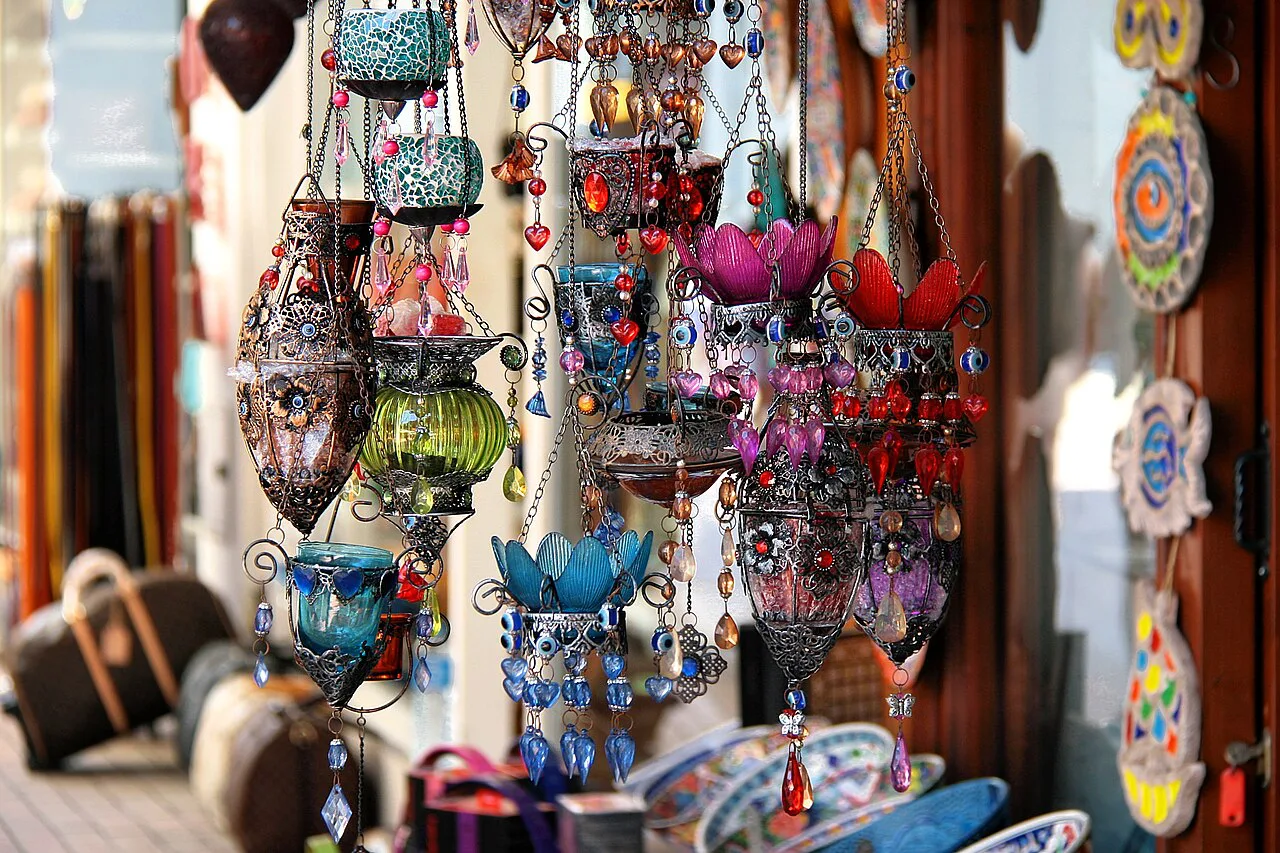 Hanging lamps and ceramics for sale in Paspatur bazaar, Fethiye.