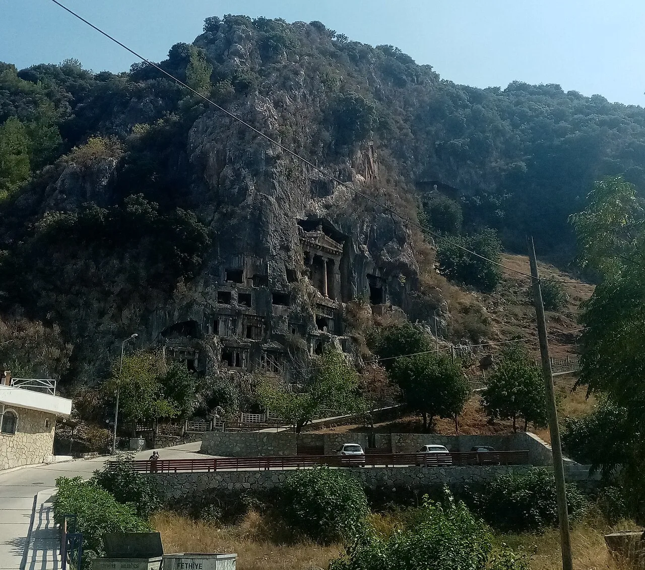 The hillside of rock tombs above Fethiye, home to the Tomb of Amyntas.