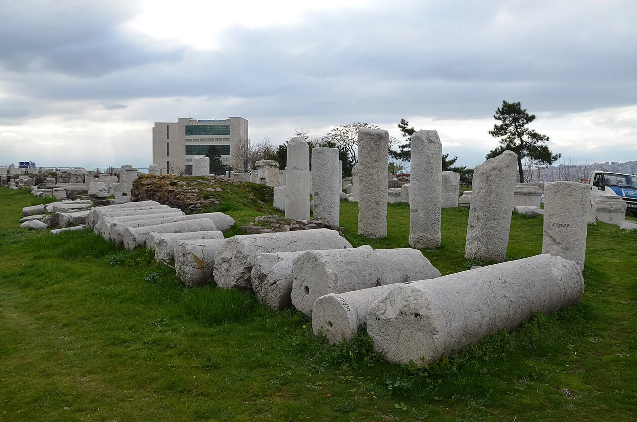 Fallen column drums at the Roman Baths open-air museum, Ankara.