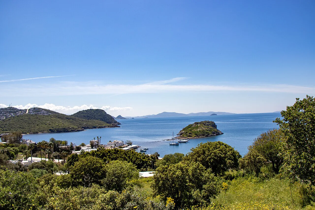 The bay and offshore islet at Gümüşlük seen through the trees.
