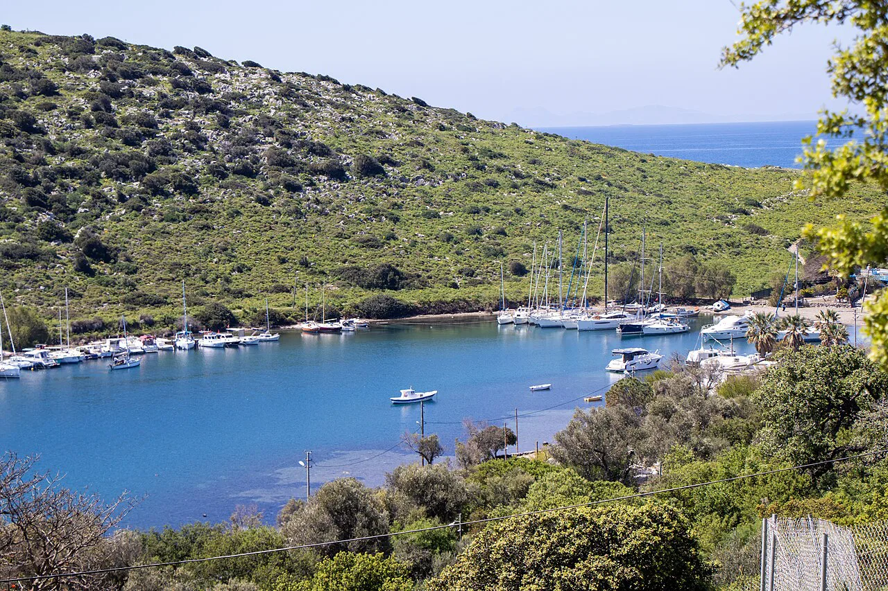 Yachts moored in the sheltered bay at Gümüşlük on the Bodrum peninsula.